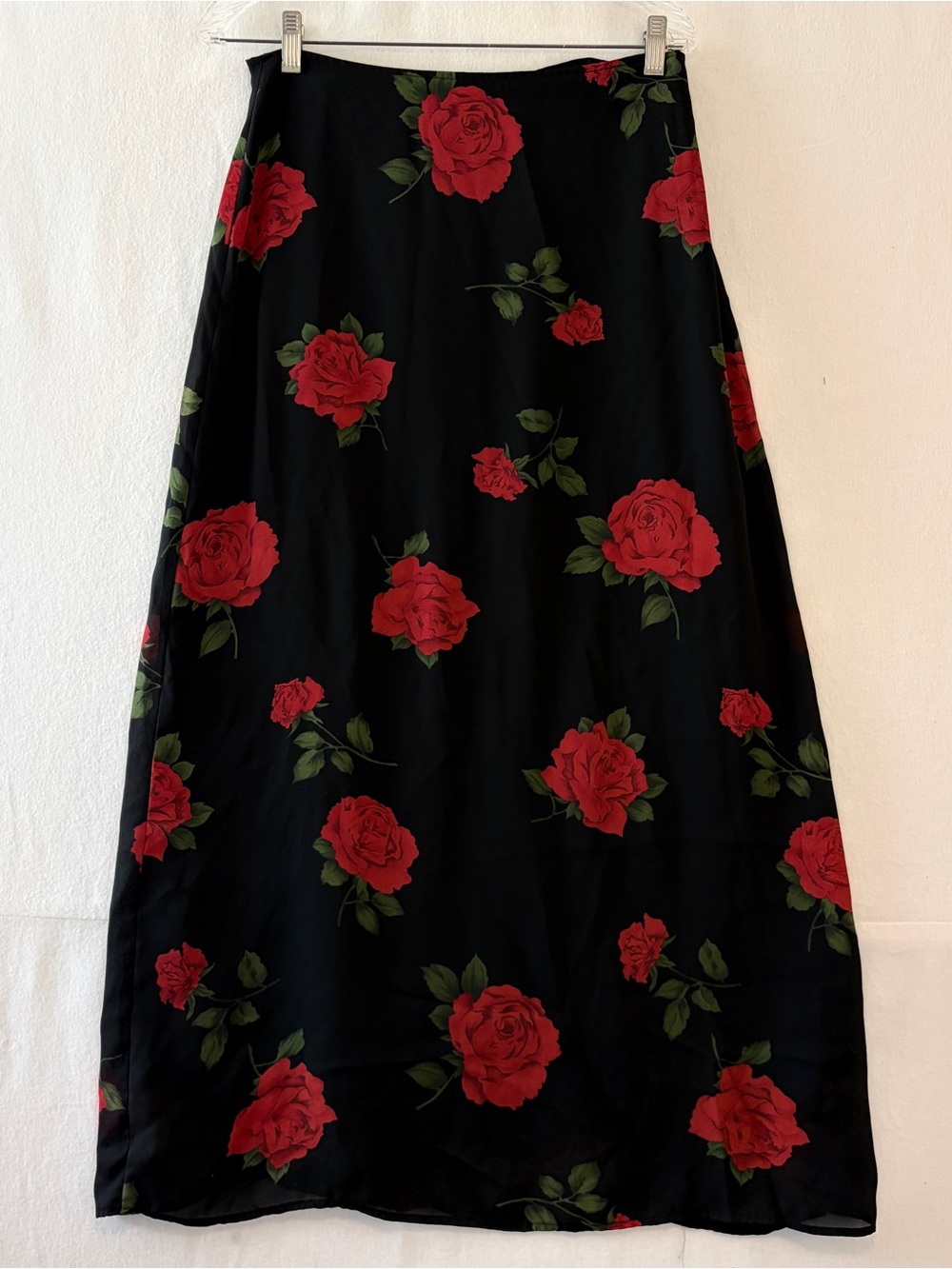 Black Maxi Skirt with Red Rose Print